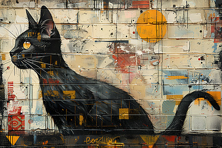 黑色猫咪在砖墙上的绘画图片