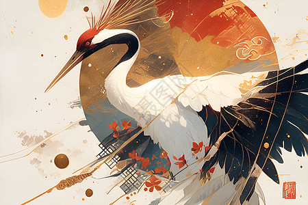 红冠鹤的金箔线描扁平插画图片