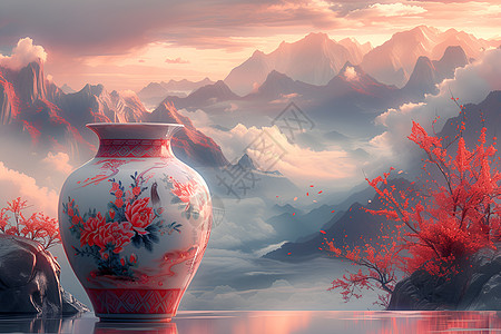 红花瓶山茶古画高清图片