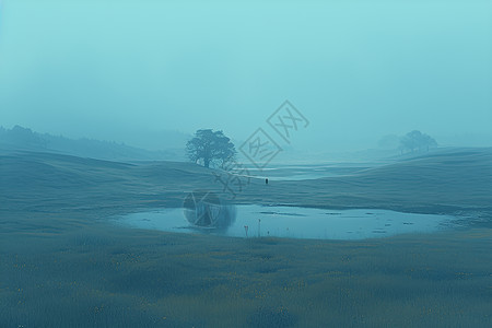 迷雾笼罩的湖畔孤树图片