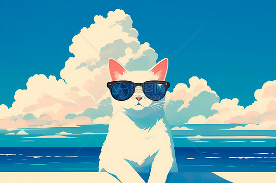 阳光海滩上戴墨镜的猫图片