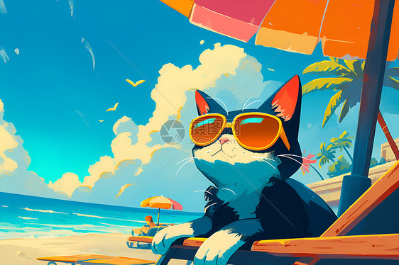 夏日的沙滩猫咪图片