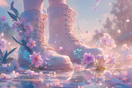 粉色鲜花里的靴子图片