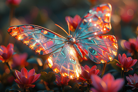 花朵上的玻璃蝴蝶背景图片