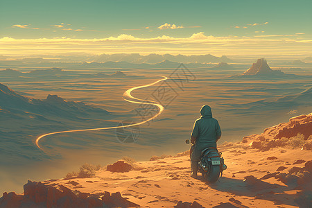 骑着摩托车穿越沙漠的人图片