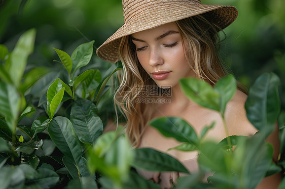 绿叶中的女子图片