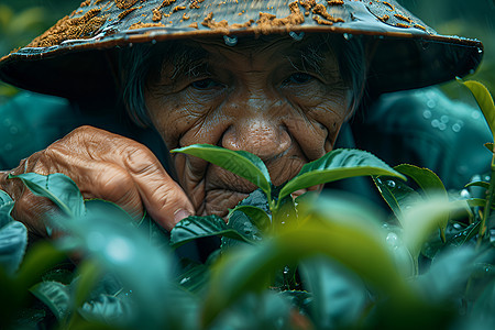 雨中的采茶老人图片