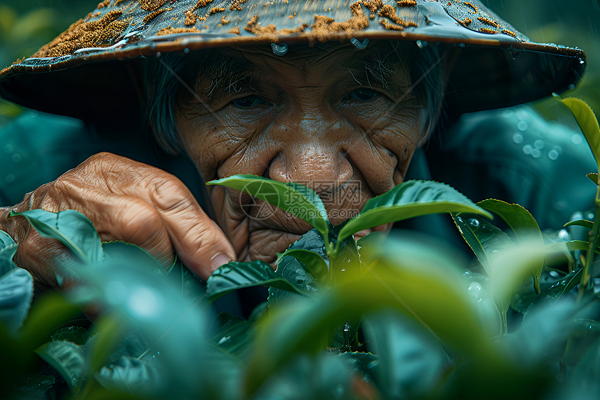 雨中的采茶老人图片