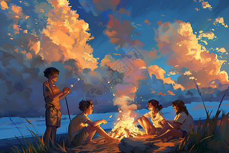 篝火旁的学生背景图片