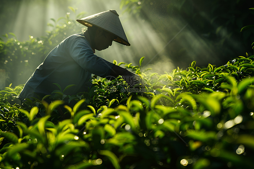 草坪上光影交错中的茶叶采摘图片