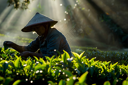 茶园中一位采茶工人图片