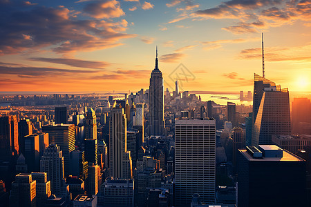 城市阳光夕阳下的城市摩天大楼背景