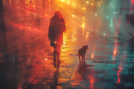女士与狗漫步在雨中图片