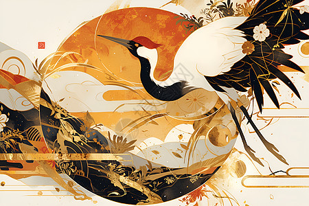 红冠鹤与金箔背景图片
