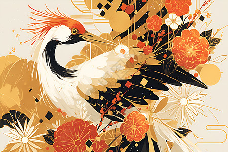 线条描绘的红冠鹤图片