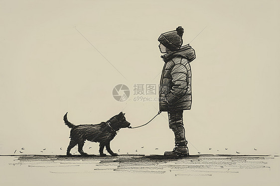 男孩遛狗的简笔画图片