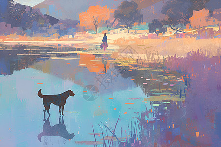 河畔遛狗的人图片