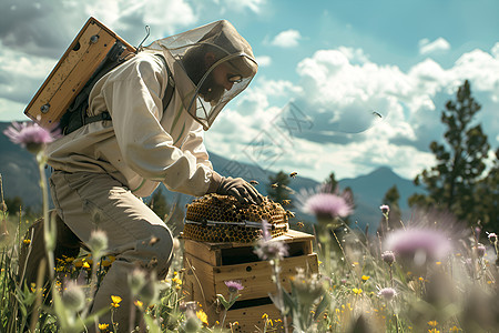 蜂农在花海中照料蜂巢图片