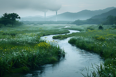 草地与溪流图片