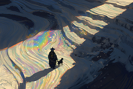彩虹山里的人和狗插画