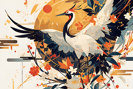 红冠鹤舞于花林间图片