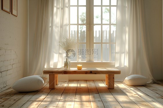 窗前木质桌椅图片