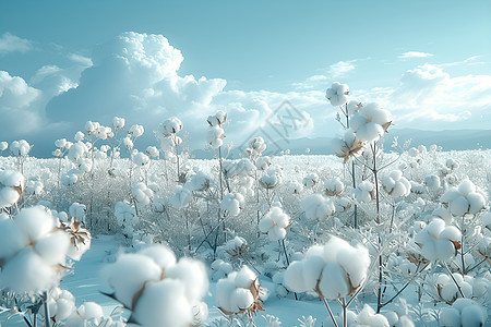 蓝天白云下的棉花田图片