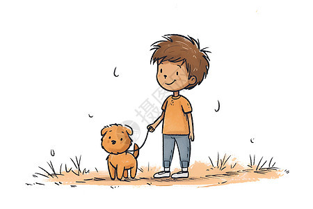 小男遛狗的插画图片