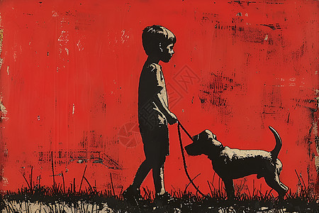 红色背景下的男孩和狗图片