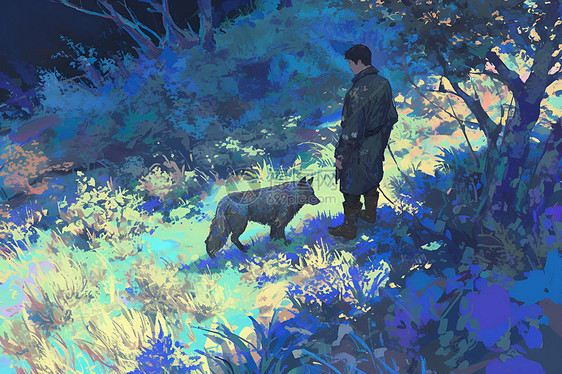 人与狗夜间漫步于森林图片