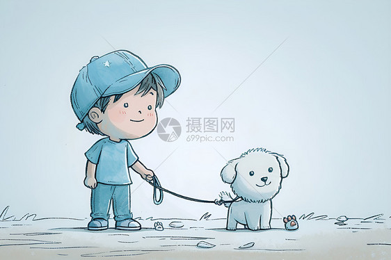 男孩牵着一只白色狗图片