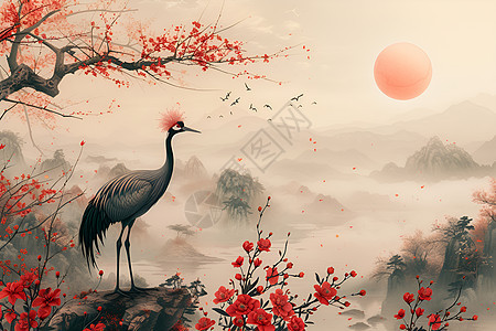 红冠鹤与红花图片
