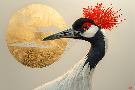 浮世绘中金箔凤冠红鹤图片