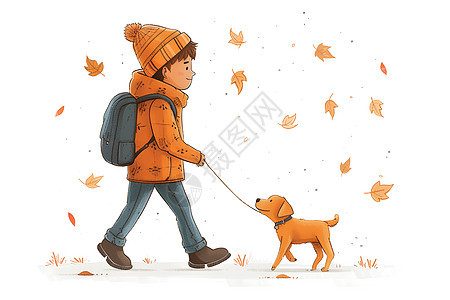 秋叶中遛狗的少年图片