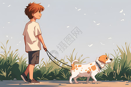 少年牵着小狗在草地上图片