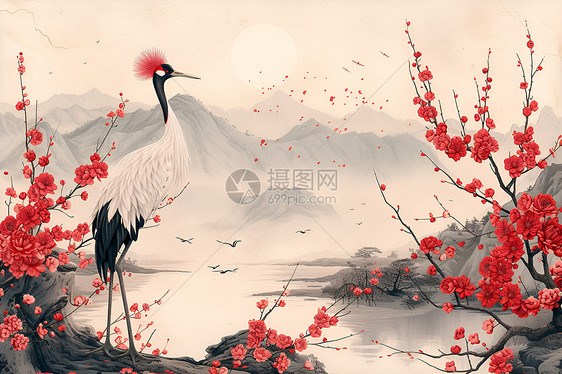 山水间的红冠鹤图片