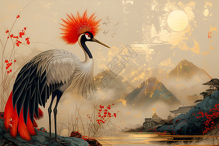 红头鹤与山水图片