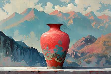 红色花瓶前的山水画图片