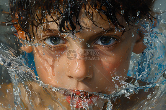 少年沐浴水中图片