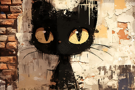 黑猫与砖墙图片