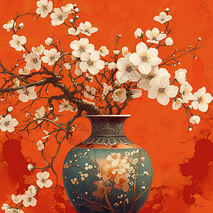 白花瓶与橙色背景的艺术之美图片