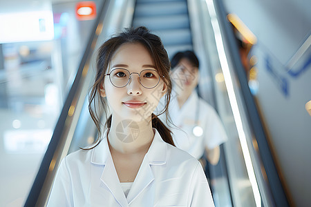 美丽的医护女士在电梯上背景图片