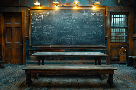 黑板前的木桌背景图片