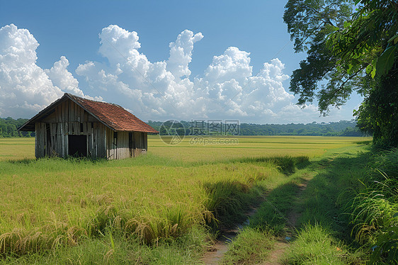 稻田中的小屋图片