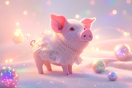 可爱小猪穿着连衣裙站在雪地玩球图片