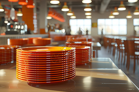 橙色盘子堆在餐厅桌子上图片