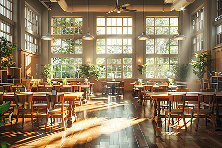 学校餐厅校园餐厅的木质桌椅背景