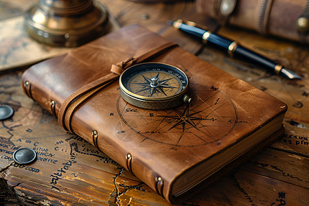 旅行日记本和指南针图片