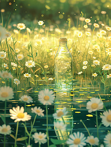 田间的一瓶水与倒映在水中的水仙花图片