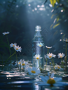 水中漂浮的雏菊和瓶子图片